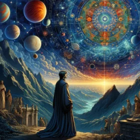 Immagine di Dante che guarda un cielo con stelle e pianeti